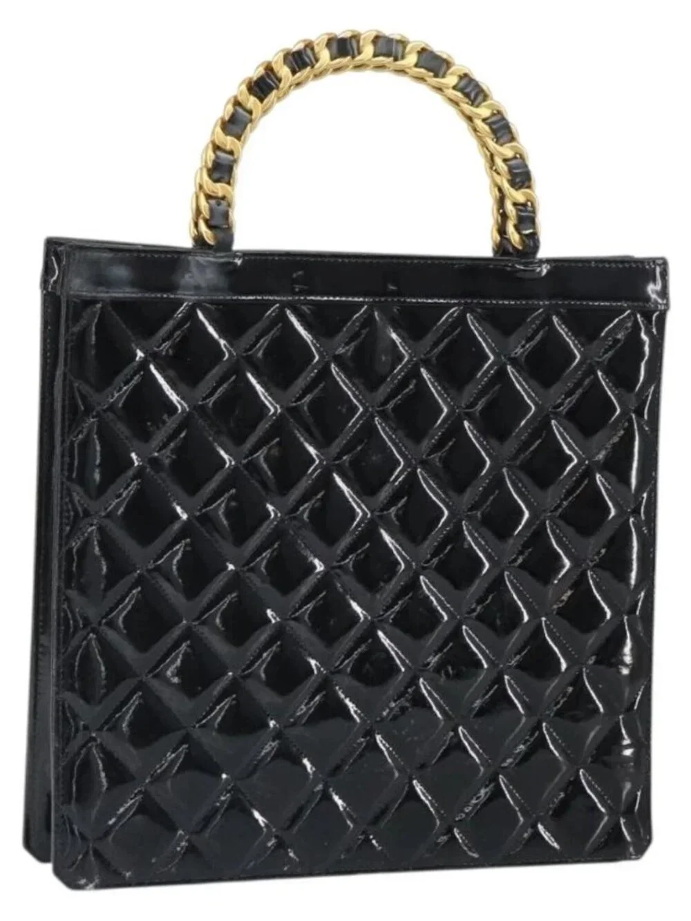 CHANEL Matelasse Hand Bag Patent leather Black Gold CC Auth BA9804